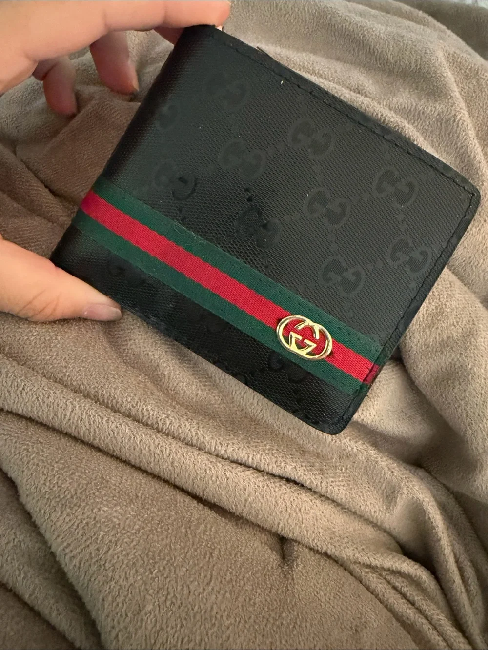 Gucci Black Card Holder Wallet with Red and Green Stripe